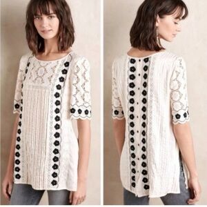 Anthropologie, Floreat Veille Ivory Peasant Beaded Floral Top, Size 4